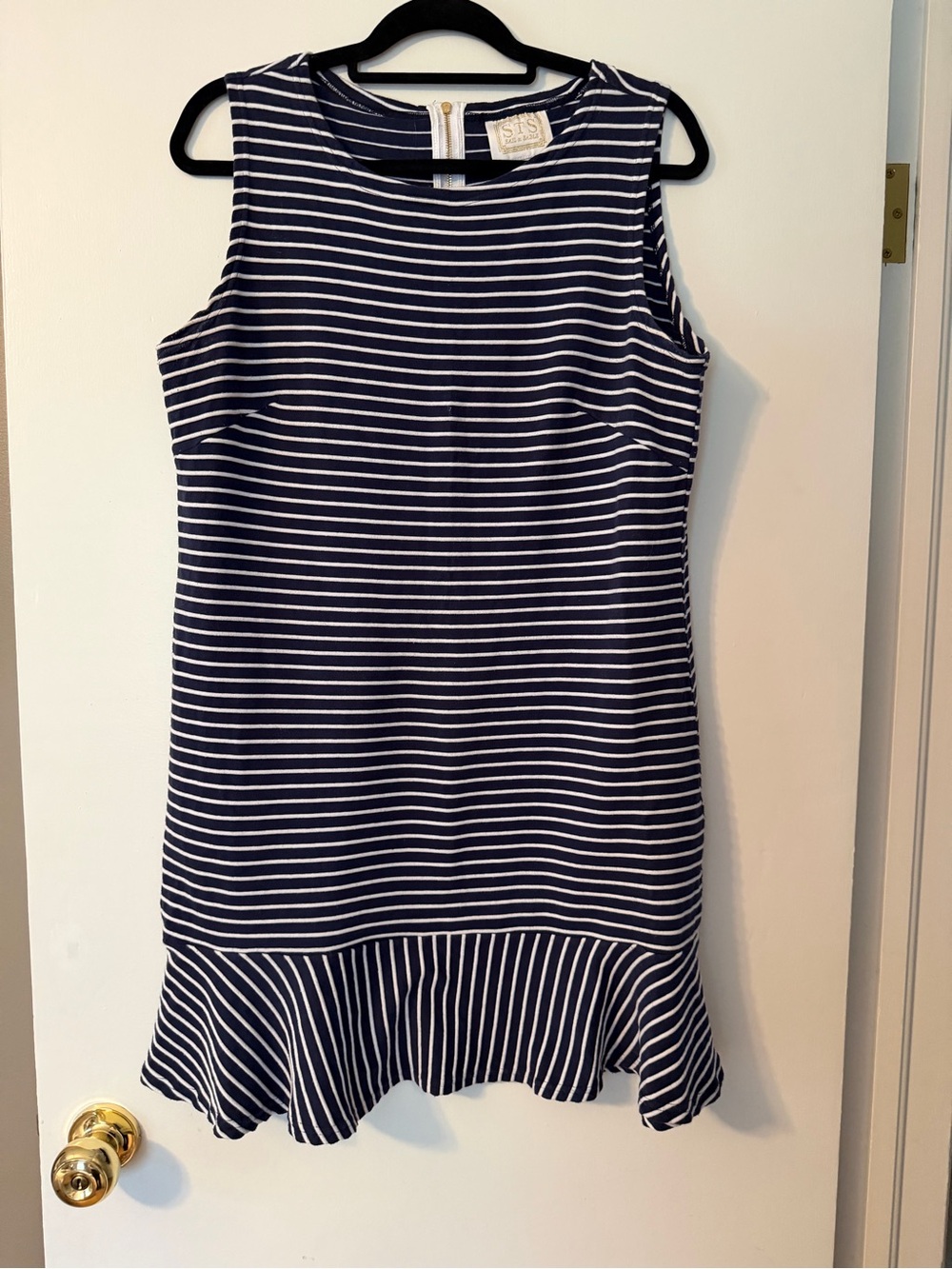 Sail to Sable Navy & White Striped Ponte Ruffle Hem Dress | Size L
